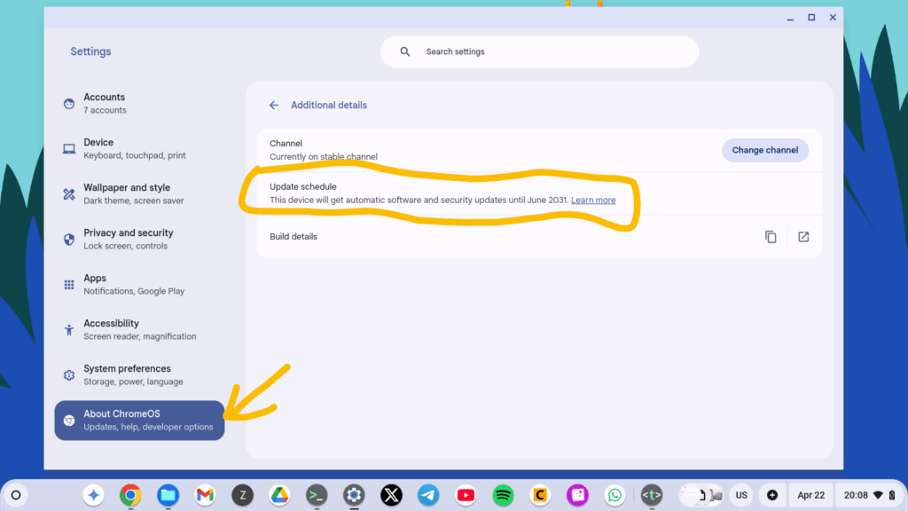 Chromebook automatic update expiry date in settings